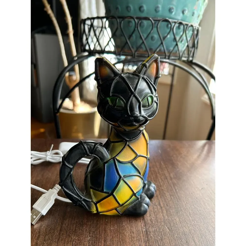 Stained Glass Look Cat Night Light - 3D Resin Animal Table Lamp